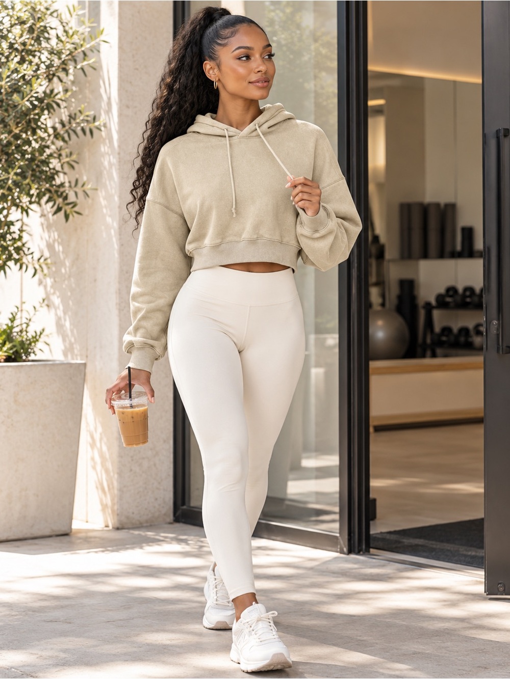 Lattelier Milestone Latte Beige Cropped Pullover Hoodie Women's Size M NWT